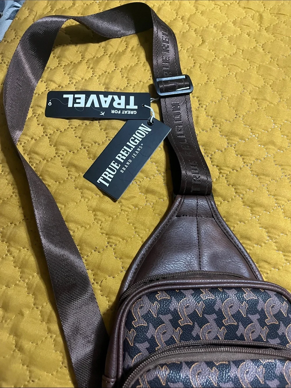 True Religion Brown Pattern Logo Crossbody Sling Bag